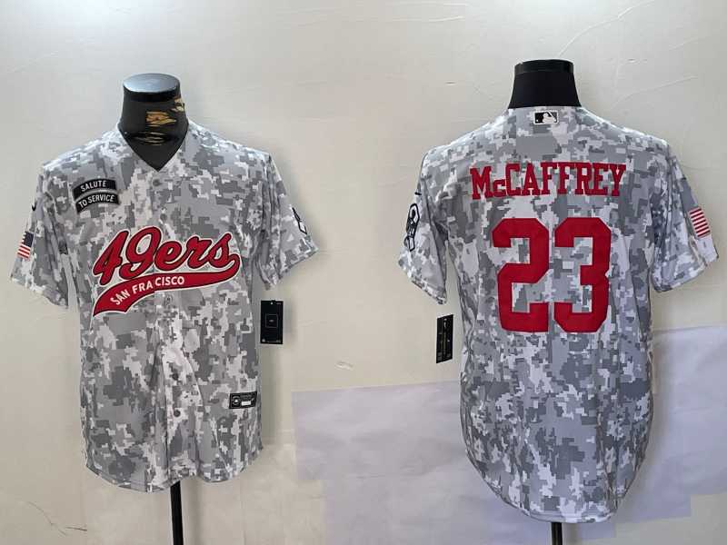 Men%27s San Francisco 49ers #23 Christian McCaffrey Arctic Camo 2024 Salute to Service Stitched Baseball Jersey
